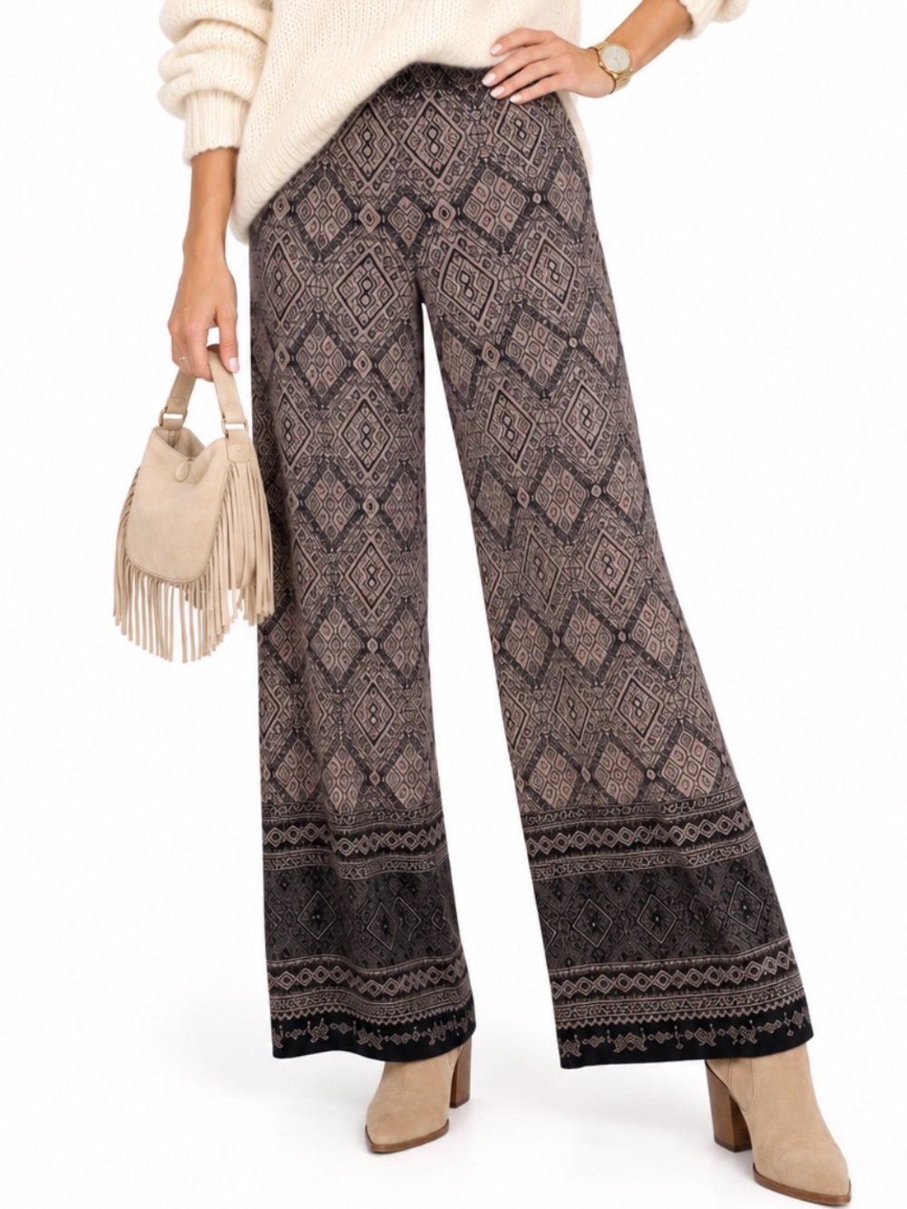 Susan Graver Geometric Print Wide Leg Pull-On Boho Pants MED EUC
